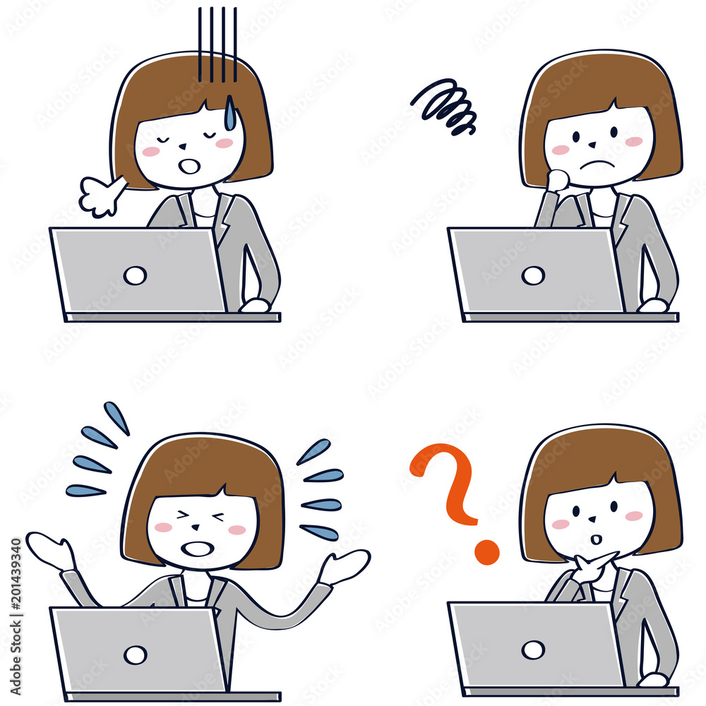 かわいい線画のおかっぱビジネスウーマン パソコン操作4セット ネガティブ Stock Vector Adobe Stock