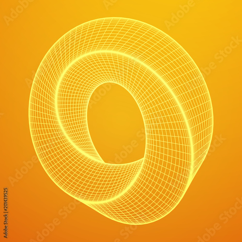 Mobius strip ring sacred geometry. Spatial figure with upturned surfaces. Optical illusion with dual circular contour. Wireframe low poly mesh vector illustration.