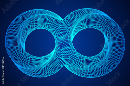 Mobius strip ring infinity sacred geometry. Spatial figure with upturned surfaces. Optical illusion with dual circular contour. Wireframe low poly mesh vector illustration.