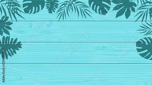 Shadow of tropical leaves on blue wooden board background. Flat style vector design.  Top view, frame and copy space for text.