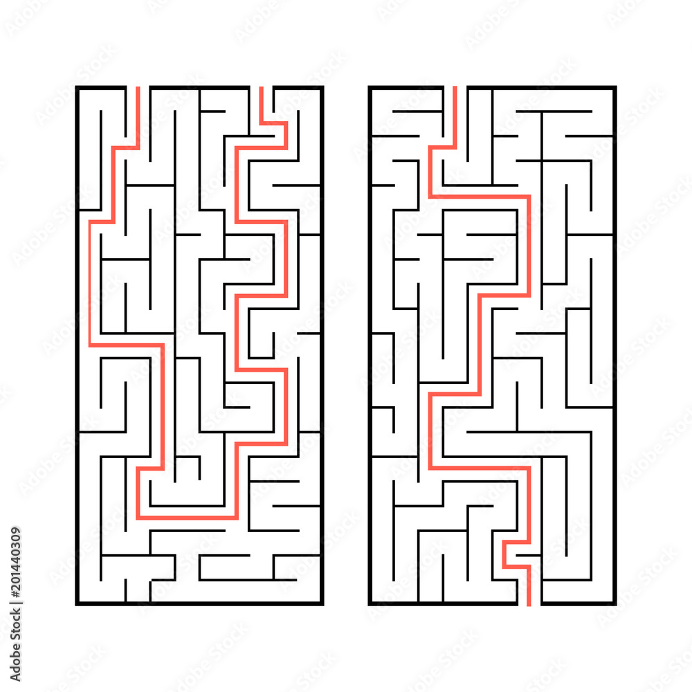 A set of two rectangular labyrinths. Simple flat vector illustration isolated on white background. With the answer. A set of two rectangular labyrinths. Simple flat vector illustration isolated on white background. With the answer.