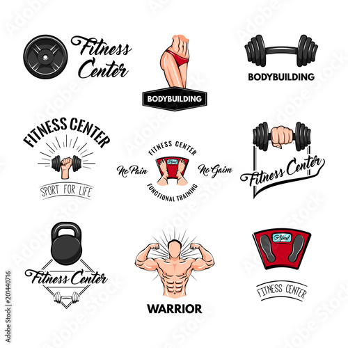 Fitness center labels set. Sport badges. Bodybuilder, Kettlebell, Dumbbell, Bardell, Floor scale, Bodybuilding weigths. Sport equipment collections. Vector.