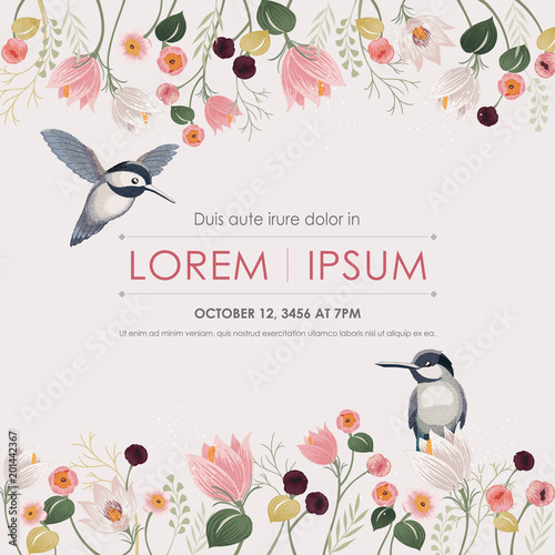  Vector illustration a floral frame with a cute bird in spring for Wedding, anniversary, birthday and party. Design for banner, poster, card, invitation and scrapbook 				