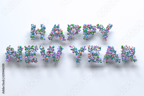 Happy New Year words from colorful balls on white background
