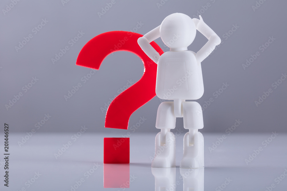 Human Figure Standing Beside Question Mark Sign Human Figure Standing Beside Question Mark Sign