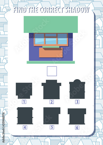 Game for kids. Find the correct shadow of kiosk. Vertical, portrait orientation.