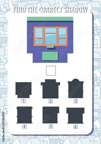 Game for kids. Find the correct shadow of kiosk. Vertical, portrait orientation.