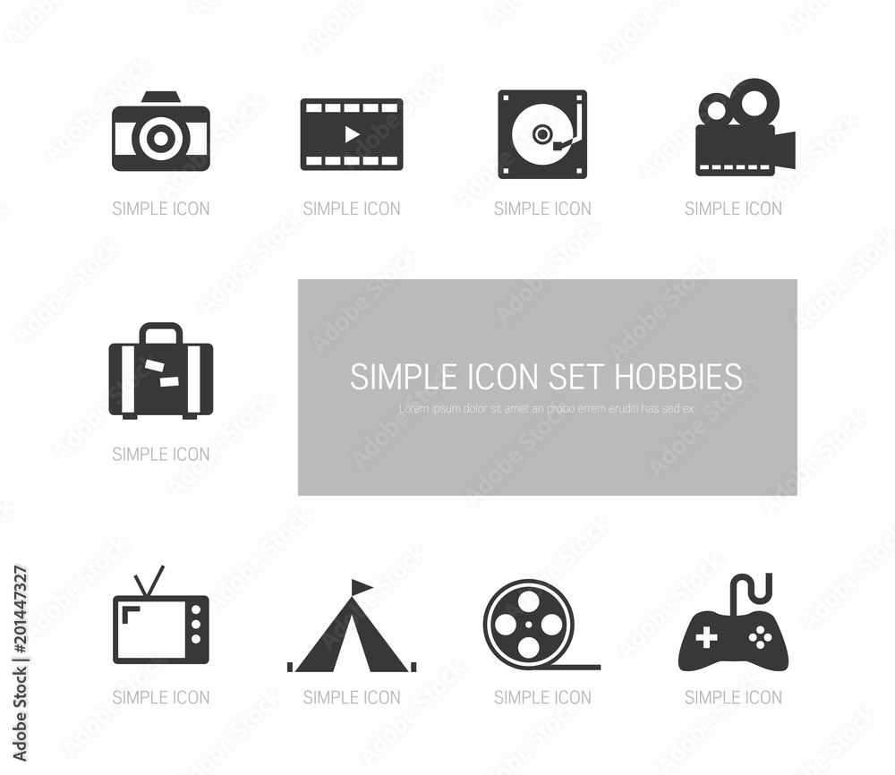 Black color hobby simple icon set Black color hobby simple icon set