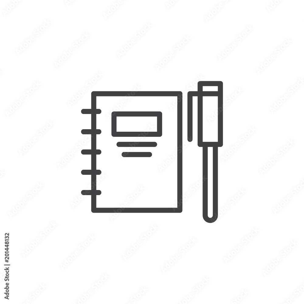 Spiral notebook and pen outline icon. linear style sign for mobile concept and web design. Binder with pencil simple line vector icon. Symbol, logo illustration. Pixel perfect vector graphics Spiral notebook and pen outline icon. linear style sign for mobile concept and web design. Binder with pencil simple line vector icon. Symbol, logo illustration. Pixel perfect vector graphics