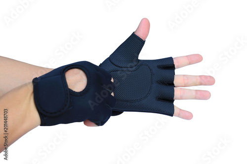 Hands wearing sport glove isolated on white background.