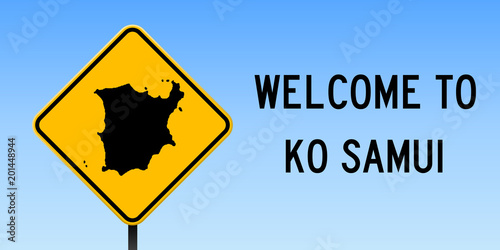 Ko Samui map on road sign. Wide poster with Ko Samui island map on yellow rhomb road sign. Vector illustration.
