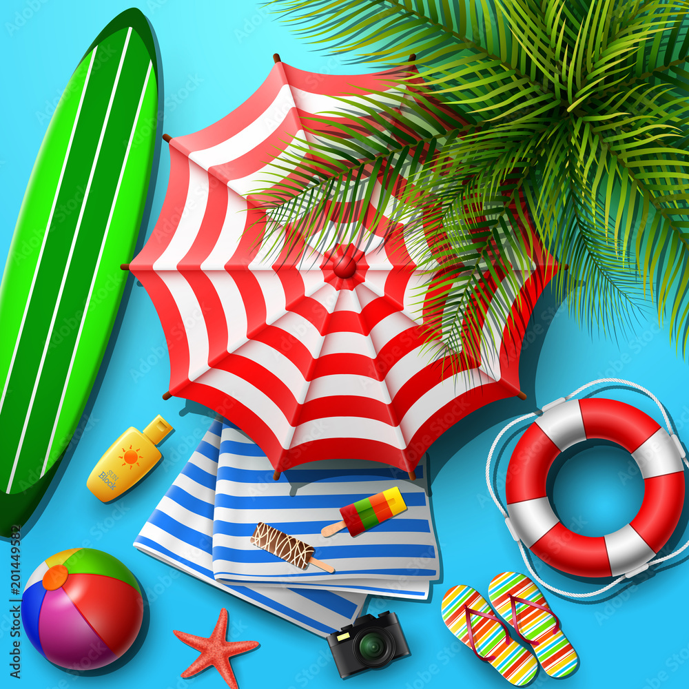 Obraz premium Summer holidays background in the blue beach sand. Top view of beach element collections