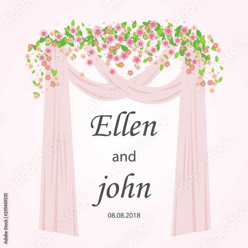 Wedding arch with pink and white flowers. Wedding card element. Rustic style. Cream rose decoration. Floral arch. Vector flat illustration