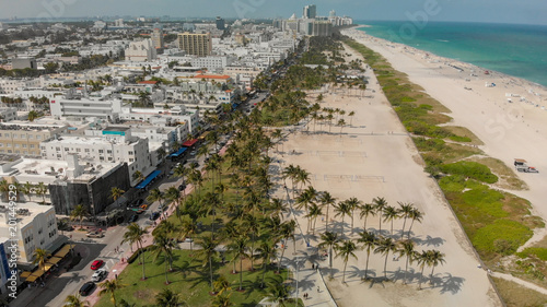 Overhead aerial view of Miami Beach and Ocean Drive Park on a beautiful spring day