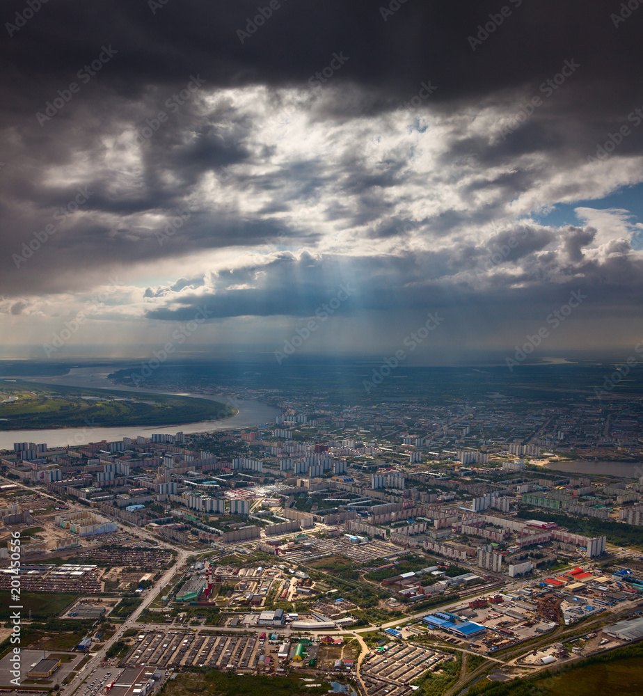 Top view the city of Nizhnevartovsk in summer