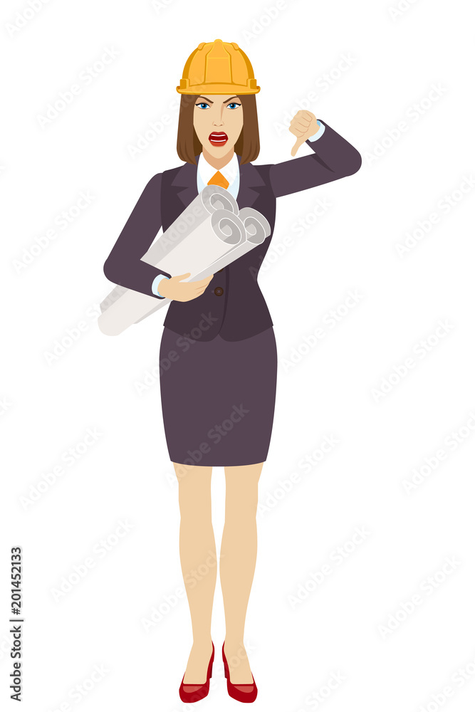 Businesswoman in construction helmet holding the project plans and showing thumb down gesture as rejection symbol Businesswoman in construction helmet holding the project plans and showing thumb down gesture as rejection symbol