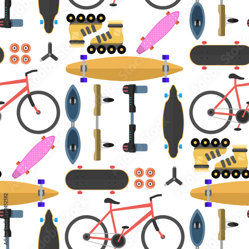 Active city transport eco alternative energy bike scooter one and two-wheeled mobility electro vehicle vector seamless pattern background.