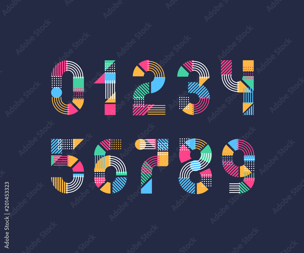 Vector numerals. Set of creative color geometry shapes' figures and numbers.