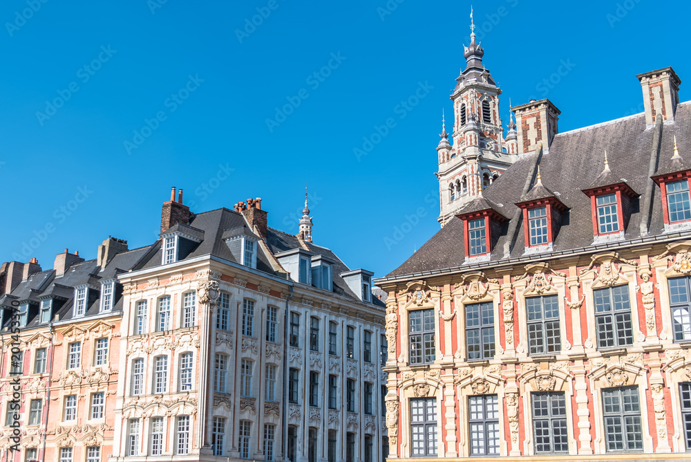 Lille, old facades in the Grand-Place, the belfry of the Chambre de Commerce in background
