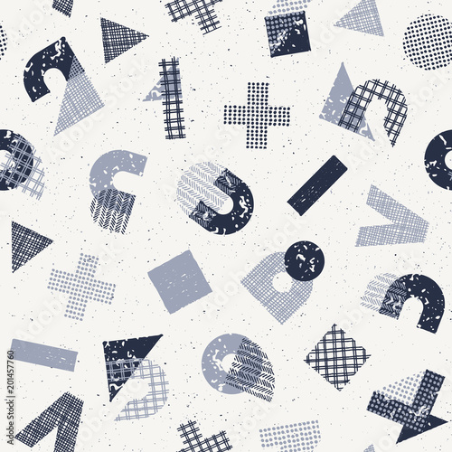 Seamless vector pattern with hand drawn textured decorative geometry, mathematics symbols and numerals, education and science monochromatic vintage graphical background.
