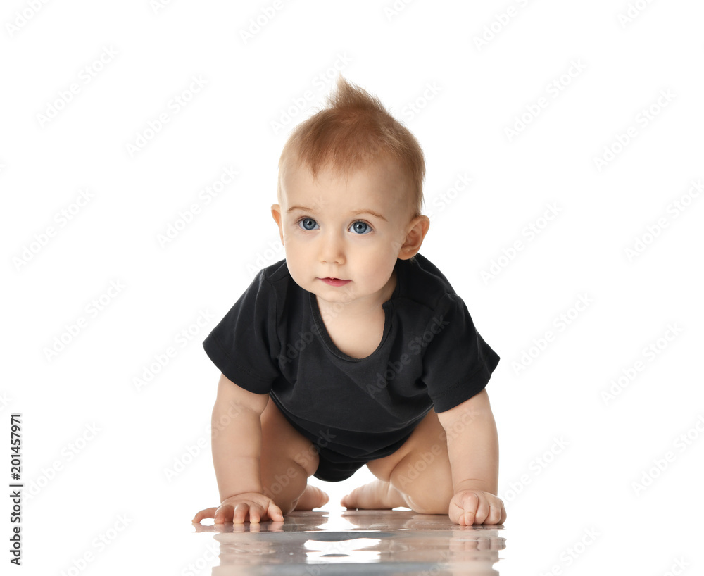 9 month infant child baby girl toddler crawling in dark grey shirt isolated 9 month infant child baby girl toddler crawling in dark grey shirt isolated