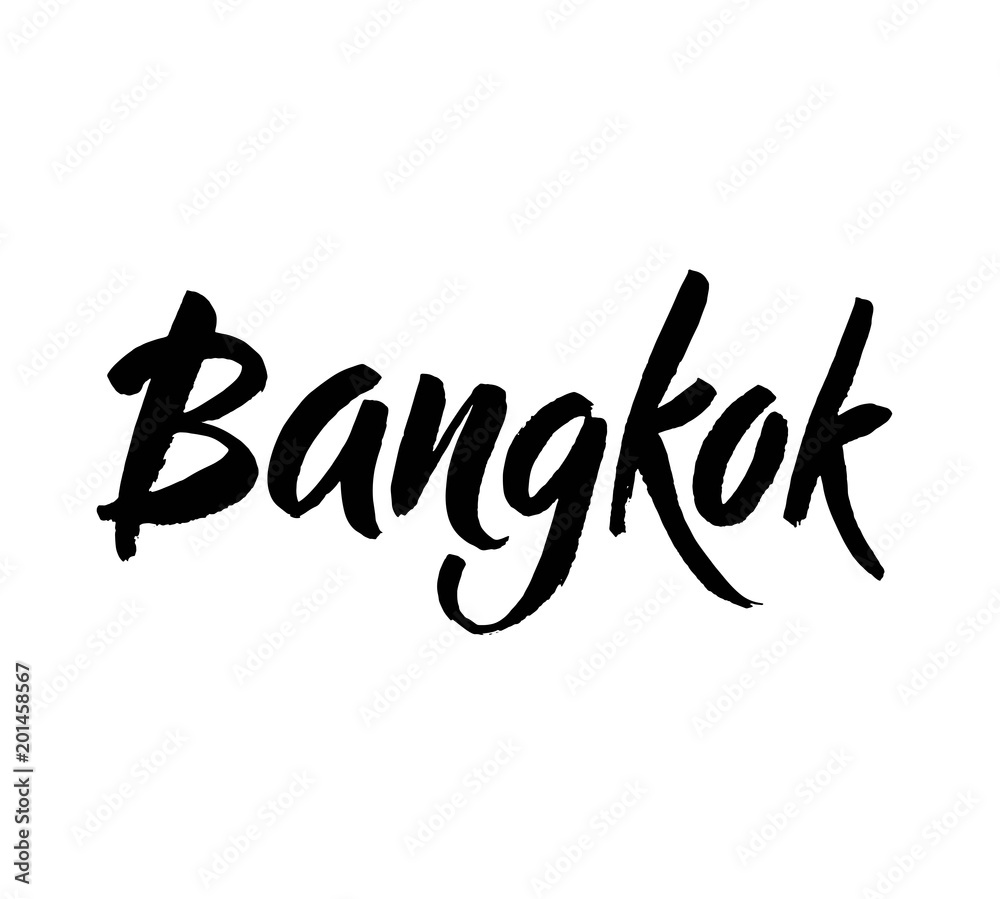 City logo isolated on white. Black label or logotype. Vintage badge  calligraphy in grunge style. Great for t-shirts or poster. Bangkok,  Thailand. Ink hand lettering. Modern brush calligraphy. Stock Vector
