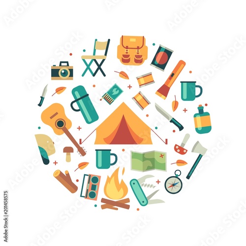 Tourists equipment, travel and hiking icons concept