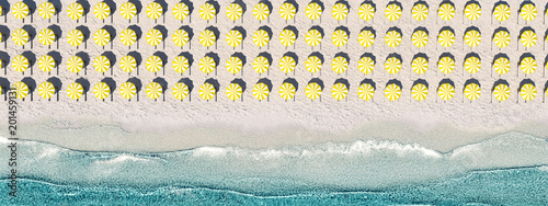 aerial top view on the beach with lots of beach umbrella. 3D rendering