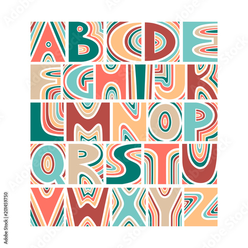 Vector handwritten uppercase artistic  alphabet in pastel colors.