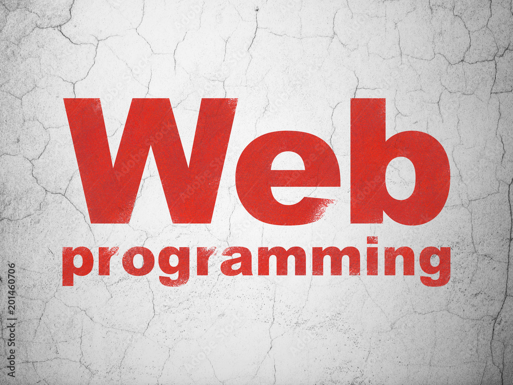 Web development concept: Red Web Programming on textured concrete wall background Web development concept: Red Web Programming on textured concrete wall background
