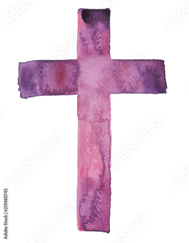 Simple traditional Christian cross painted in watercolor on clean white background