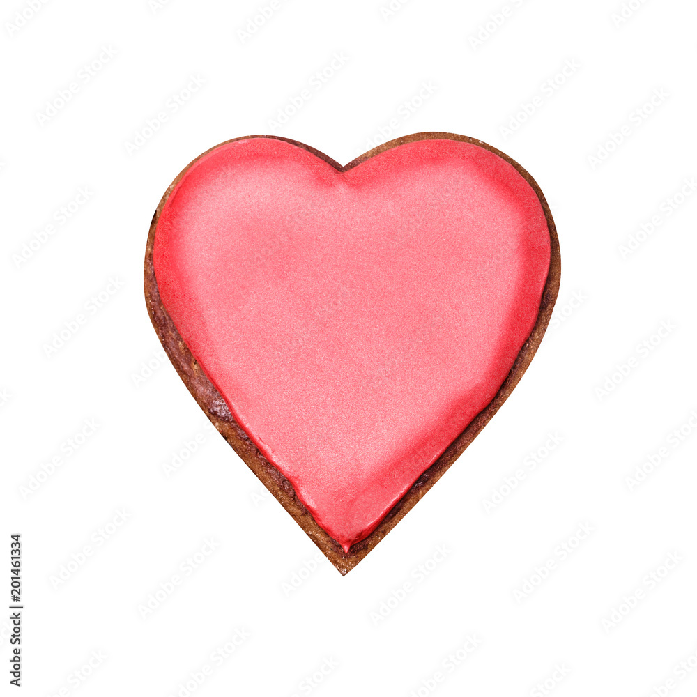 Gingerbread in the form of a heart with red glaze. Isolated on white.