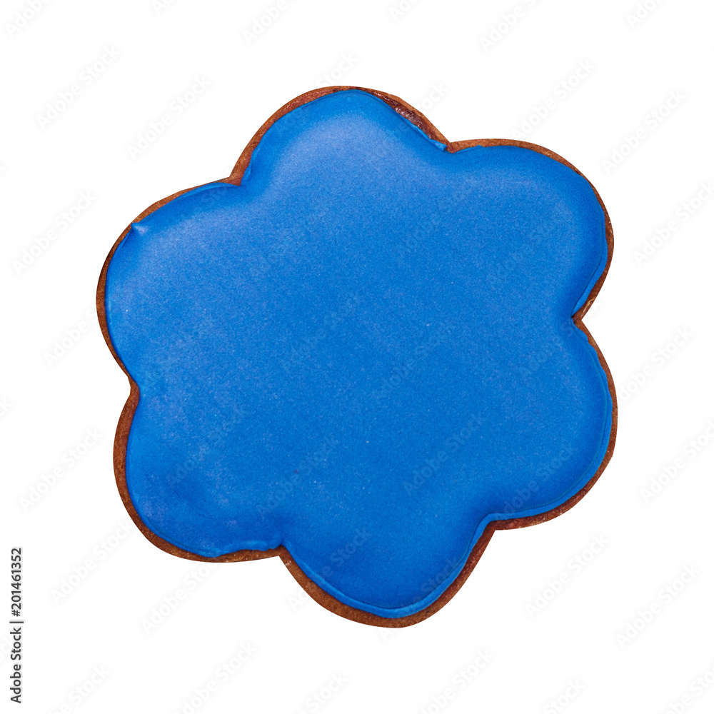 Gingerbread in the form of a flower with blue glaze. Isolated on white. Gingerbread in the form of a flower with blue glaze. Isolated on white.