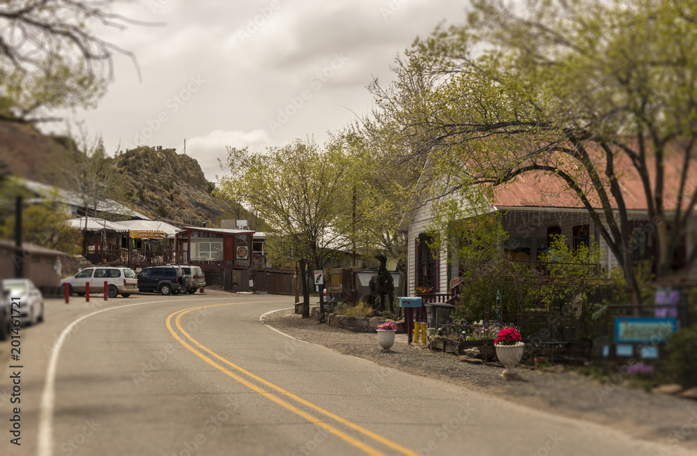 Street scene in Madrid, New Mexico. Historic Turquoise Trail and Route 66, scenic byway between Santa Fe and Albuquerque, NM.
