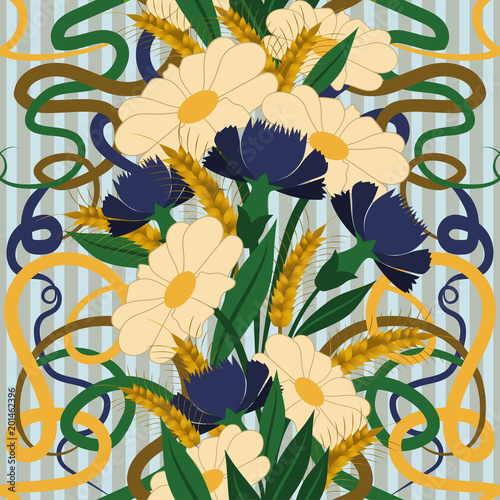 Fototapeta Naklejka Na Ścianę i Meble -  Seamless wallpaper with camomile and cornflower  in art nouveau style, vector illustration