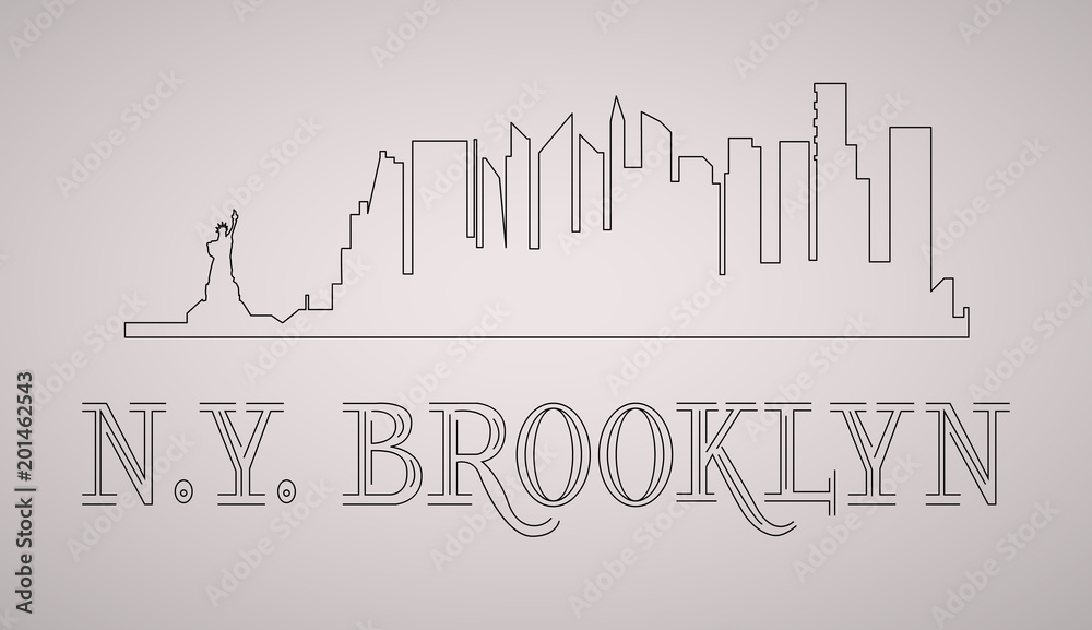 N.Y. Brooklyn skyline and landmarks silhouette, black and white design, line vector illustration.