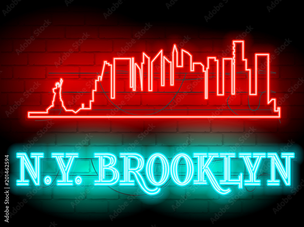Obraz premium Neon silhouette of New York (United States) city skyline vector background. Neon style sign N.Y. Brooklyn. Illustration for t shirt printing or wall decoration. Brickwall as background.