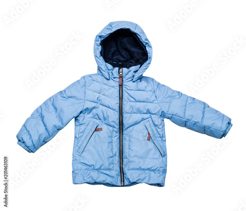 Warm winter children's down jacket. Blue jacket with a hood with a zipper. Isolated on white.