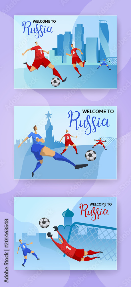 Football Cup. Russia. Football players on Russian cityscape background. Soccer invitation. Set of horizontal posters with lettering. Flat vector illustration.