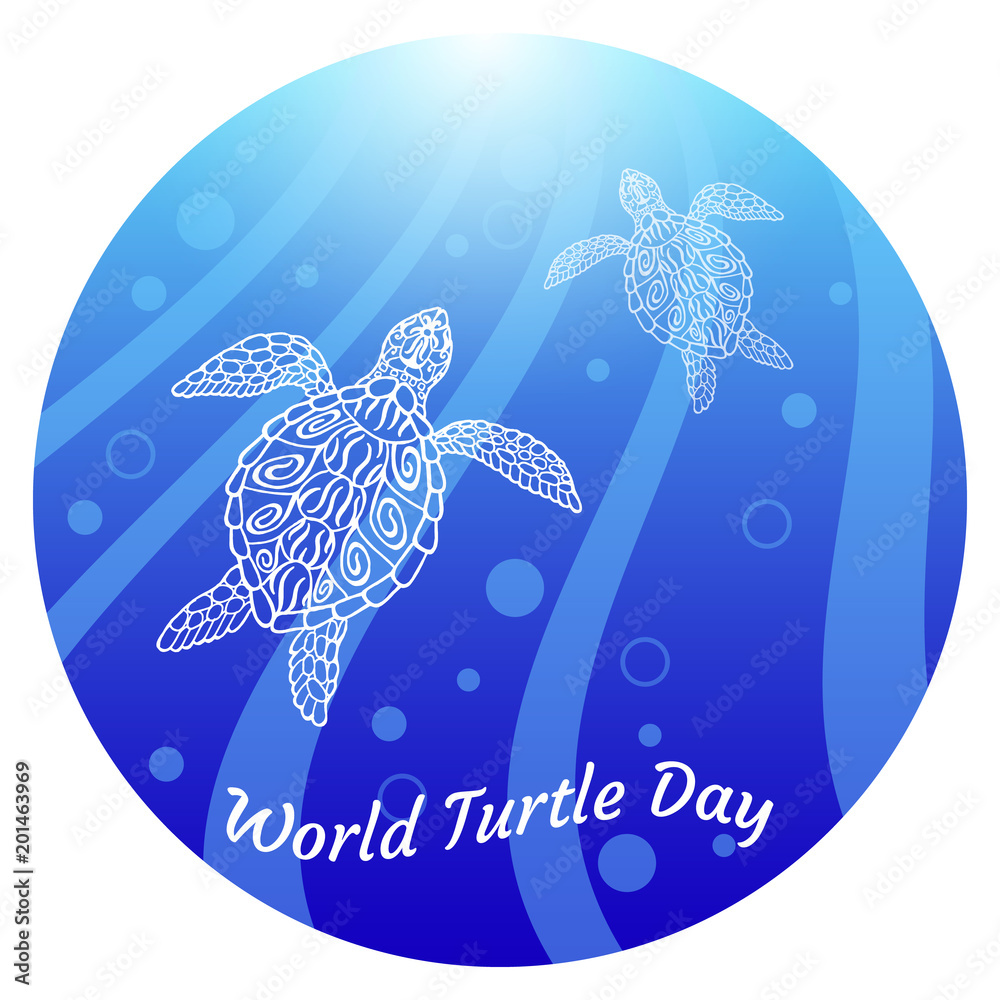 Naklejka premium World Turtle Day. Water turtles swim up. In a round frame