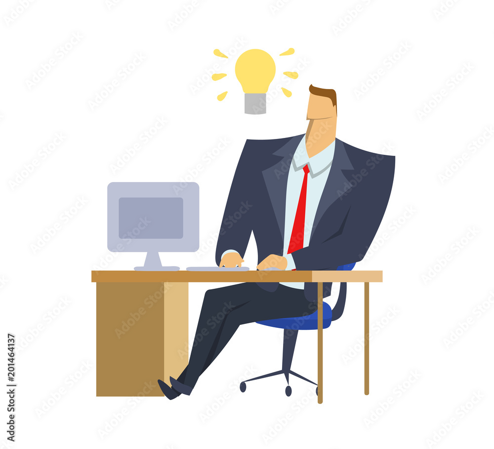 Businessman in office suit sitting in front of computer with a light-bulb of idea above his head. Light-bulb moment. Bright solution. Concept flat vector illustration, isolated on white background. Businessman in office suit sitting in front of computer with a light-bulb of idea above his head. Light-bulb moment. Bright solution. Concept flat vector illustration, isolated on white background.
