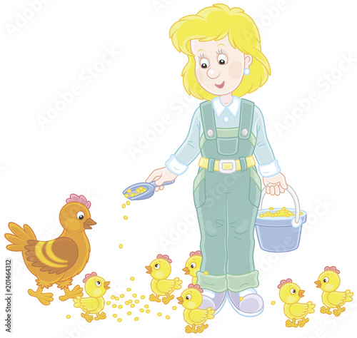 Friendly smiling poultry woman feeding her hen and small chicks on a poultry farm, vector illustration in a cartoon style