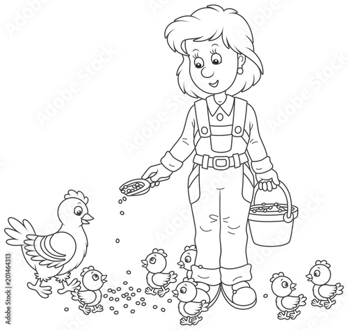 Friendly smiling poultry woman feeding her hen and small chicks on a poultry farm, black and white vector illustration in a cartoon style for a coloring book