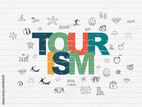 Tourism concept  Painted multicolor text Tourism on White Brick wall background with  Hand Drawn Vacation Icons