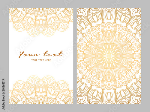 Greeting card golden ethnic patterns on white background