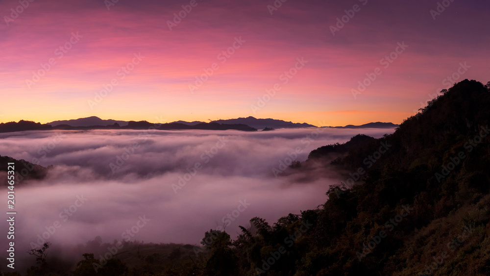 Mountain landscape and morning mist.