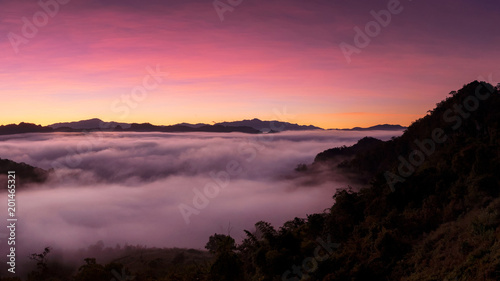 Mountain landscape and morning mist.