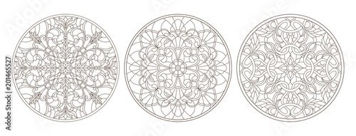 Set contour illustrations of stained glass, round stained glass floral, dark outline on a white background