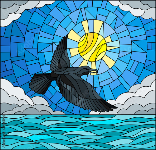 Illustration in stained glass style crow on the background of sky, sun , clouds and water