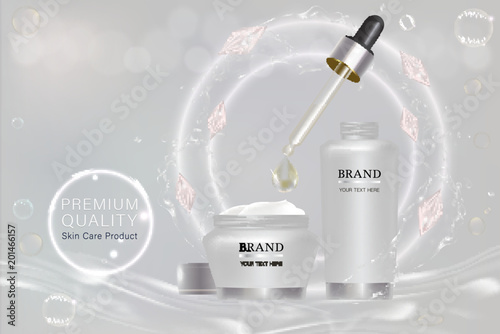 White cosmetic containers with advertising background ready to use, double protection skin care ad, vector 3d illustration.